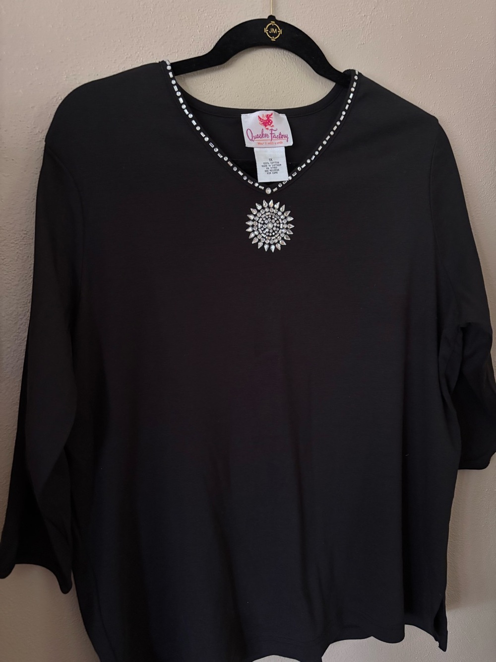 Quacker Factory 1X black elbow sleeve 100% cotton top / shirt